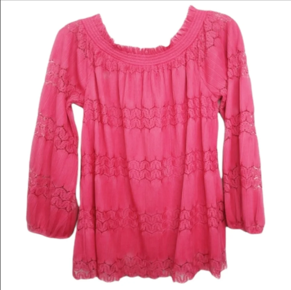 Cupio Pink Lacey Boho Style Stretch Peasant Blouse Women's Size Large L